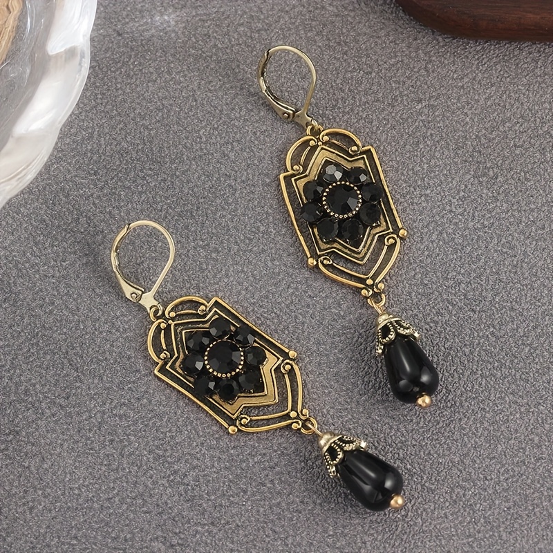 Women's Nostalgic Hollow Copper Earrings with Black Synthetic Turquoise, Birthday Gift